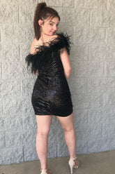 Black Homecoming Dress One Shoulder Sequin Short Prom Dress with Feathers